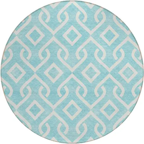 8' Aqua And Ivory Round Geometric Washable Indoor Outdoor Area Rug Photo 2