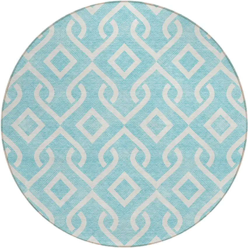 8' Aqua And Ivory Round Geometric Washable Indoor Outdoor Area Rug Photo 2