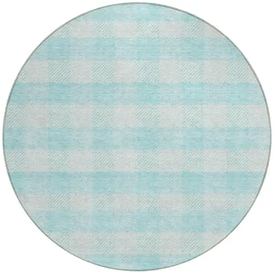 8' Aqua And Ivory Round Plaid Washable Indoor Outdoor Area Rug Photo 5
