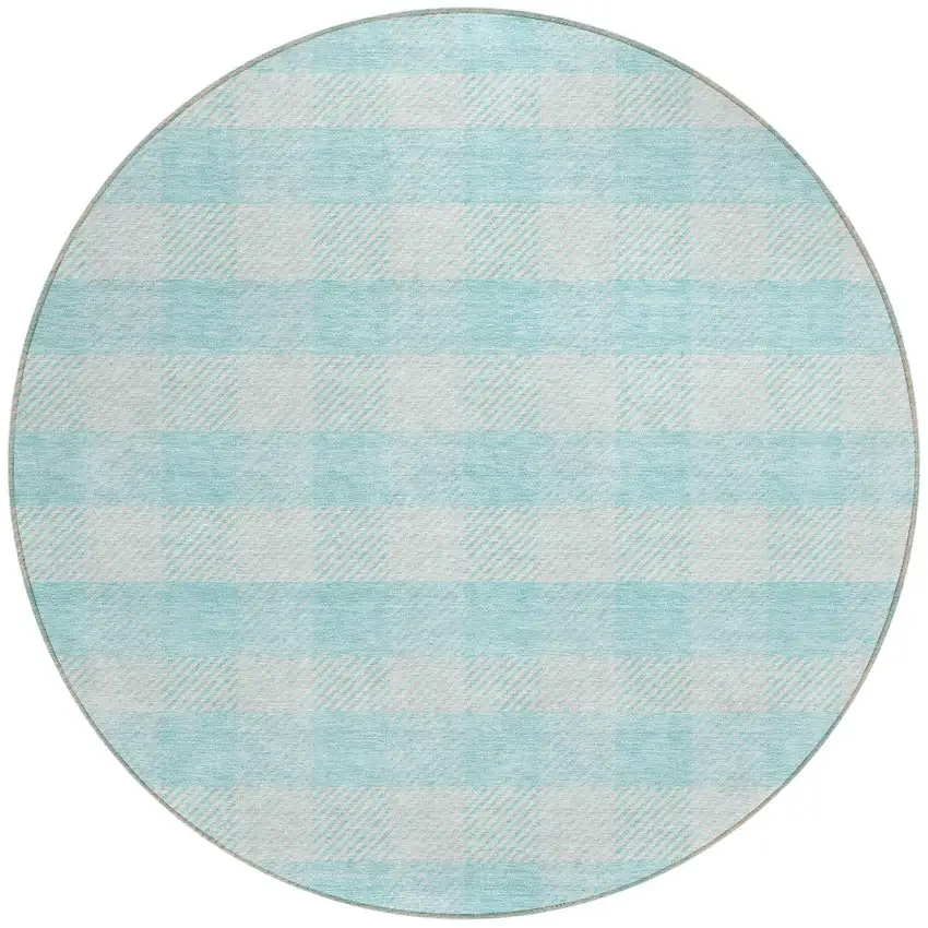 8' Aqua And Ivory Round Plaid Washable Indoor Outdoor Area Rug Photo 5
