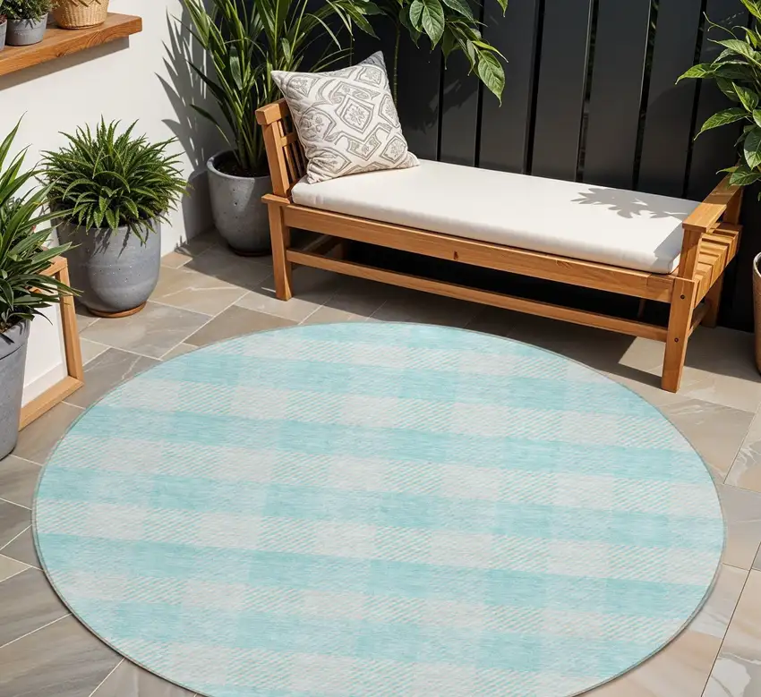 8' Aqua And Ivory Round Plaid Washable Indoor Outdoor Area Rug Photo 1