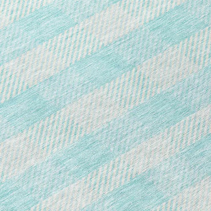 8' Aqua And Ivory Round Plaid Washable Indoor Outdoor Area Rug Photo 8