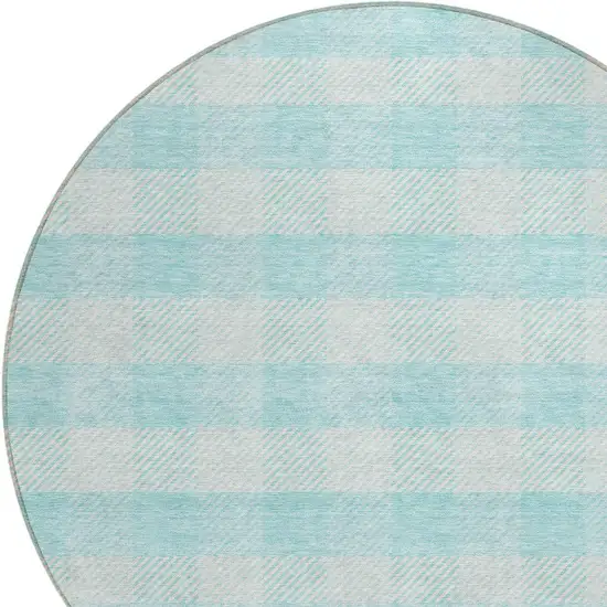 8' Aqua And Ivory Round Plaid Washable Indoor Outdoor Area Rug Photo 4