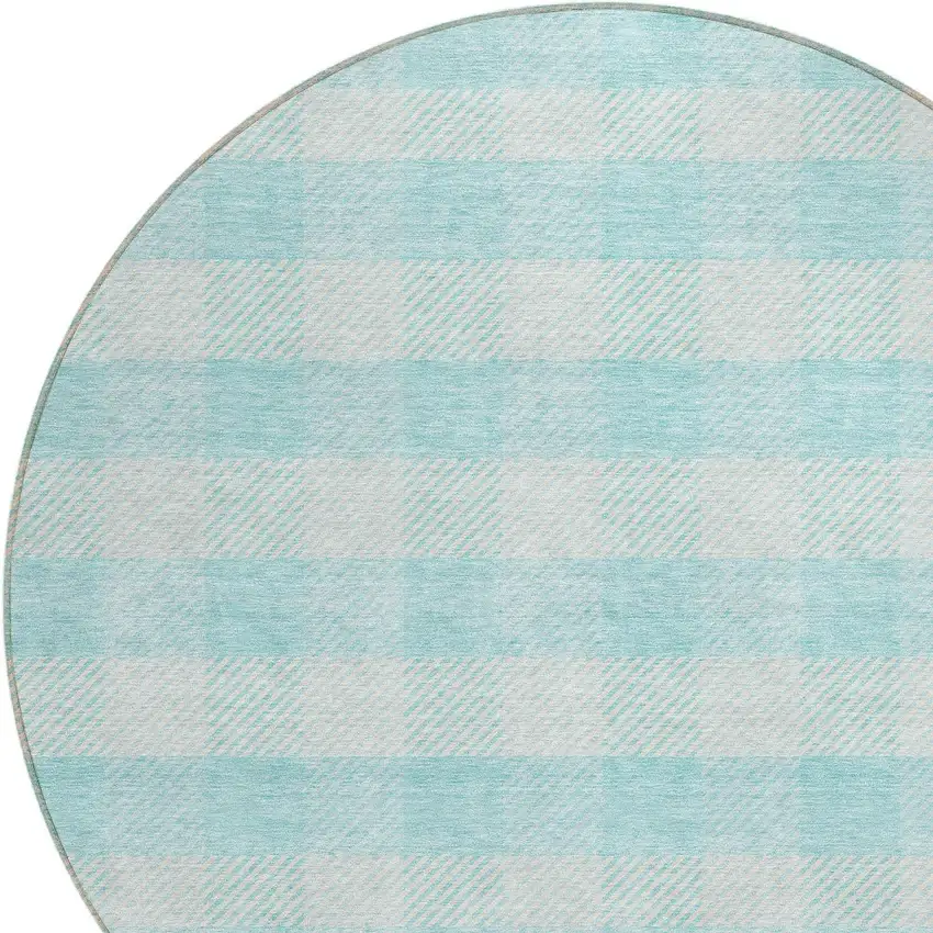 8' Aqua And Ivory Round Plaid Washable Indoor Outdoor Area Rug Photo 4