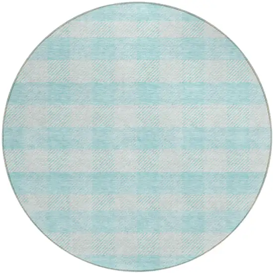 8' Aqua And Ivory Round Plaid Washable Indoor Outdoor Area Rug Photo 2