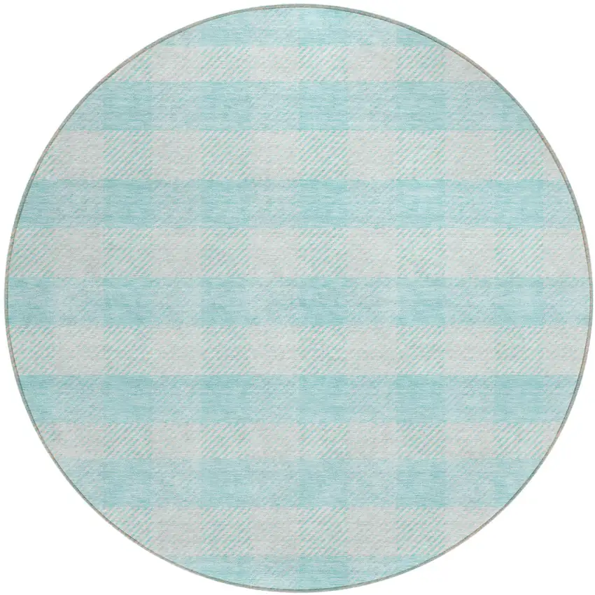 8' Aqua And Ivory Round Plaid Washable Indoor Outdoor Area Rug Photo 2