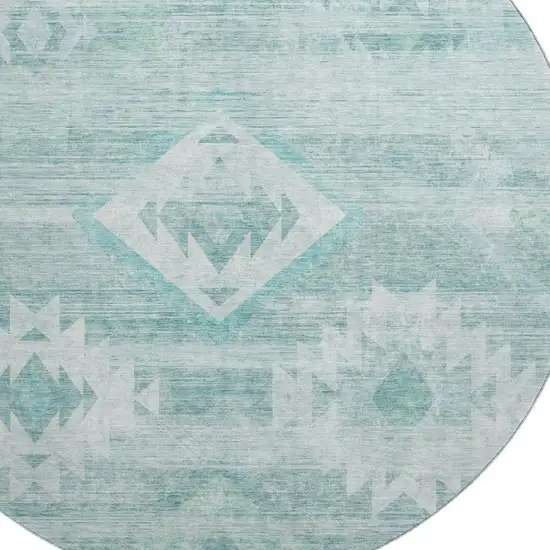 8' Aqua And Ivory Southwestern Washable Round Rug With UV Protection Photo 3
