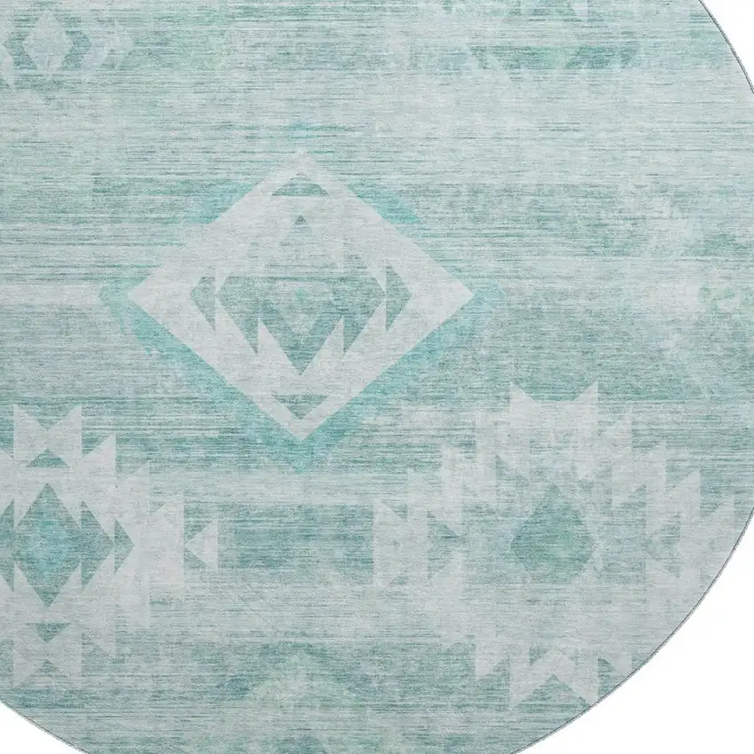 8' Aqua And Ivory Southwestern Washable Round Rug With UV Protection Photo 3