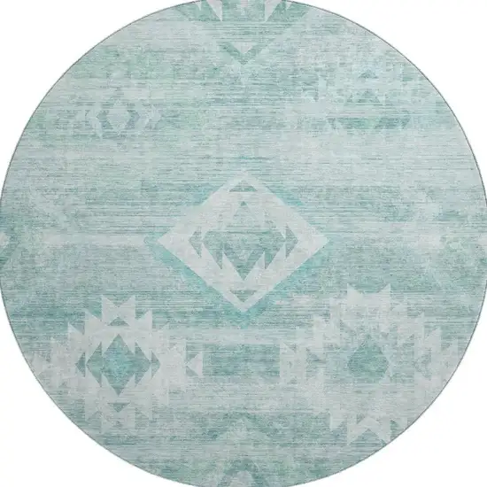 8' Aqua And Ivory Southwestern Washable Round Rug With UV Protection Photo 4