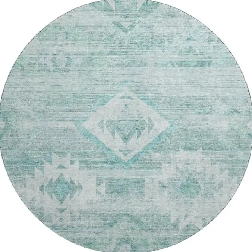 8' Aqua And Ivory Southwestern Washable Round Rug With UV Protection Photo 4