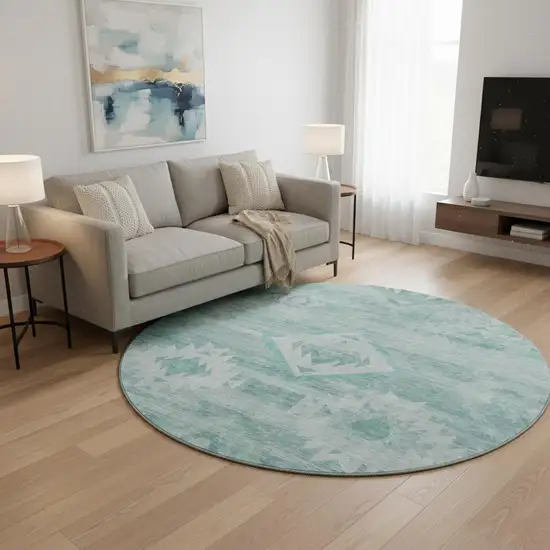 8' Aqua And Ivory Southwestern Washable Round Rug With UV Protection Photo 2