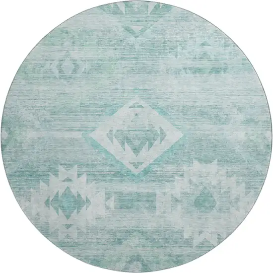 8' Aqua And Ivory Southwestern Washable Round Rug With UV Protection Photo 1