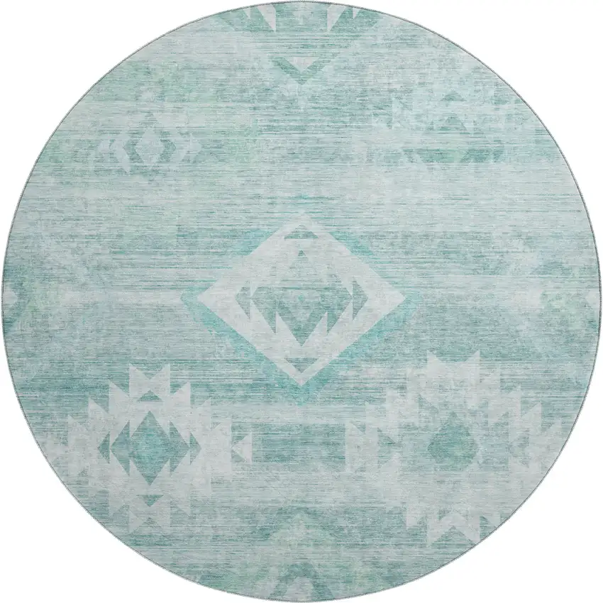 8' Aqua And Ivory Southwestern Washable Round Rug With UV Protection Photo 1