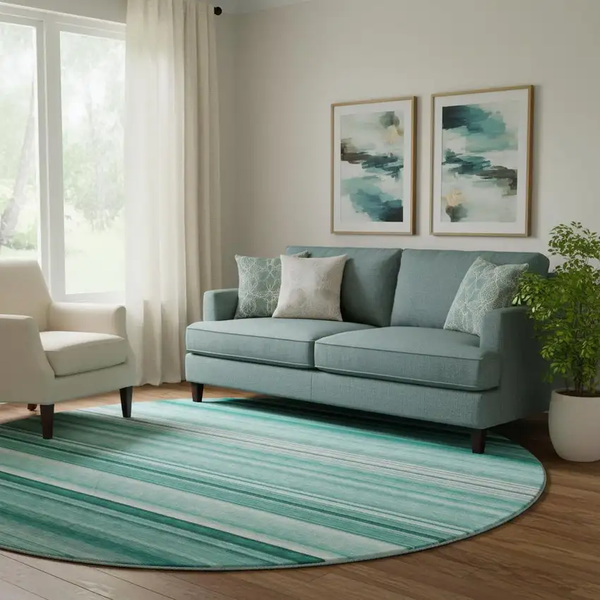 8' Aqua And Ivory Striped Washable Round Rug With UV Protection Photo 1