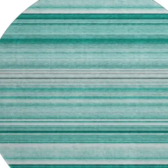 8' Aqua And Ivory Striped Washable Round Rug With UV Protection Photo 3