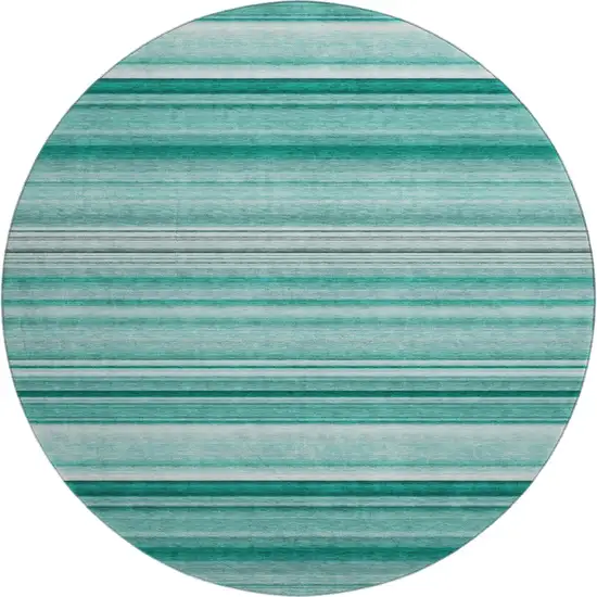 8' Aqua And Ivory Striped Washable Round Rug With UV Protection Photo 1