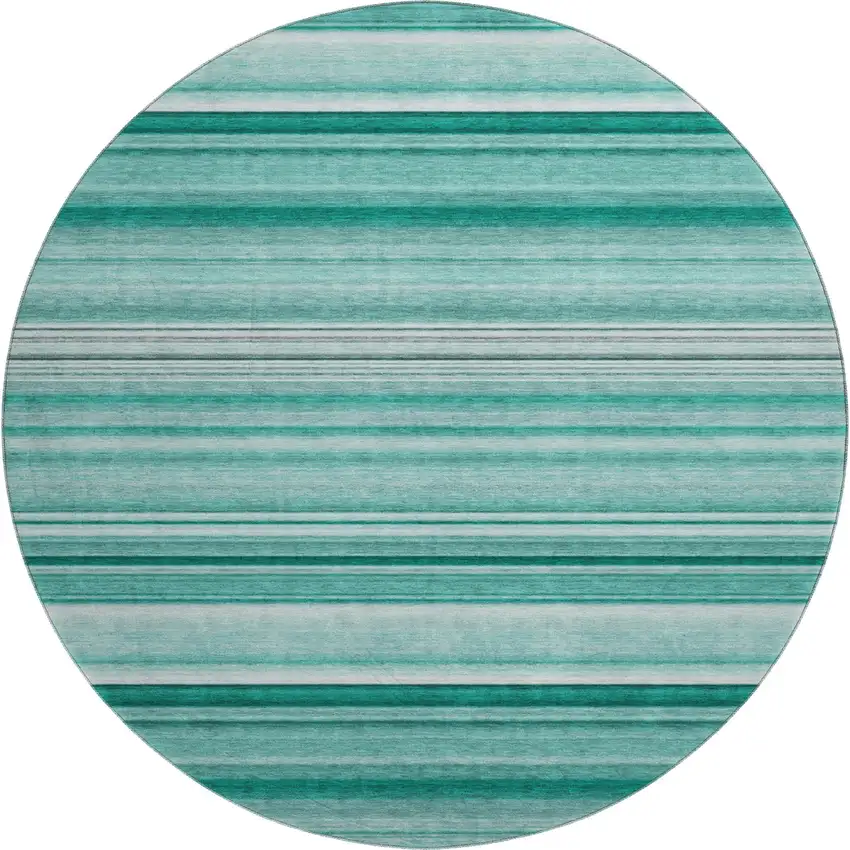 8' Aqua And Ivory Striped Washable Round Rug With UV Protection Photo 1