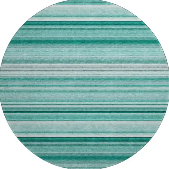 8' Aqua And Ivory Striped Washable Round Rug With UV Protection Photo 4