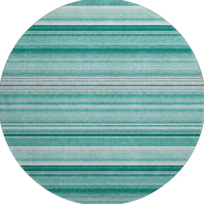 8' Aqua And Ivory Striped Washable Round Rug With UV Protection Photo 4