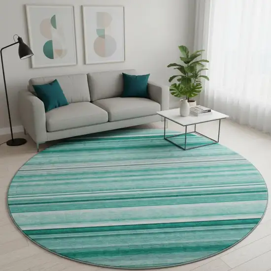 8' Aqua And Ivory Striped Washable Round Rug With UV Protection Photo 2