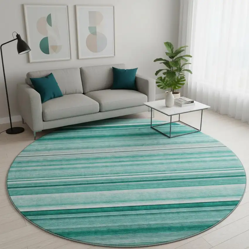 8' Aqua And Ivory Striped Washable Round Rug With UV Protection Photo 2