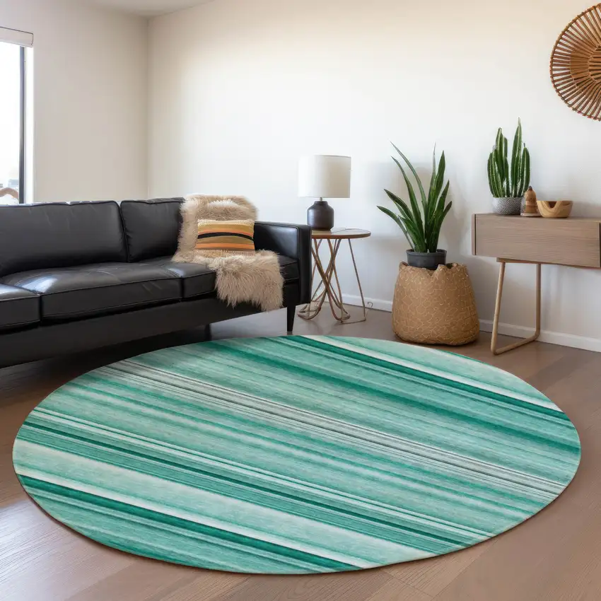 8' Aqua And Ivory Striped Washable Round Rug With UV Protection Photo 5