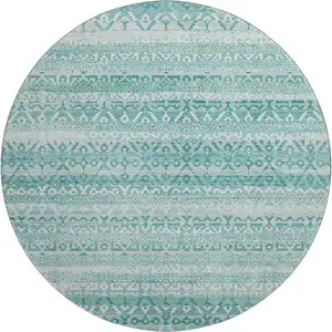Photo of 8' Aqua And Ivory Striped Washable Round Rug With UV Protection