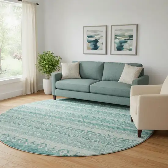 8' Aqua And Ivory Striped Washable Round Rug With UV Protection Photo 2