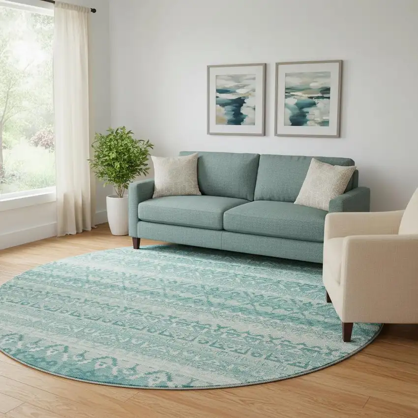 8' Aqua And Ivory Striped Washable Round Rug With UV Protection Photo 2