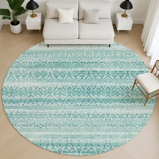 8' Aqua And Ivory Striped Washable Round Rug With UV Protection Photo 5