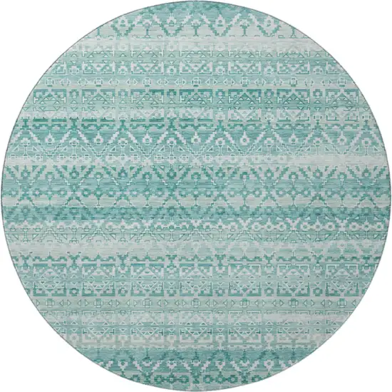 8' Aqua And Ivory Striped Washable Round Rug With UV Protection Photo 4