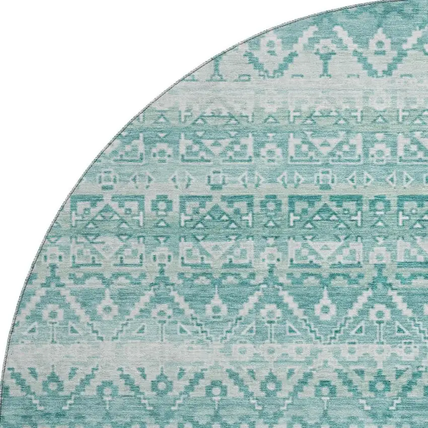 8' Aqua And Ivory Striped Washable Round Rug With UV Protection Photo 3