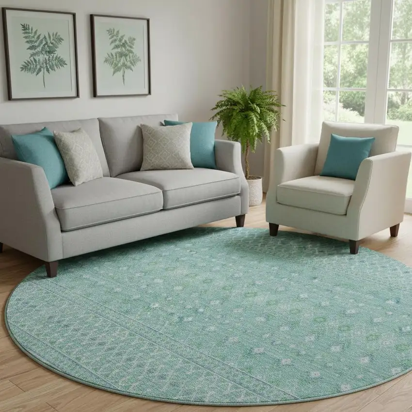 8' Aqua And Ivory Tribal Washable Round Rug With UV Protection Photo 1