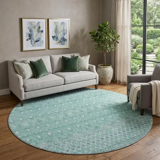 8' Aqua And Ivory Tribal Washable Round Rug With UV Protection Photo 1