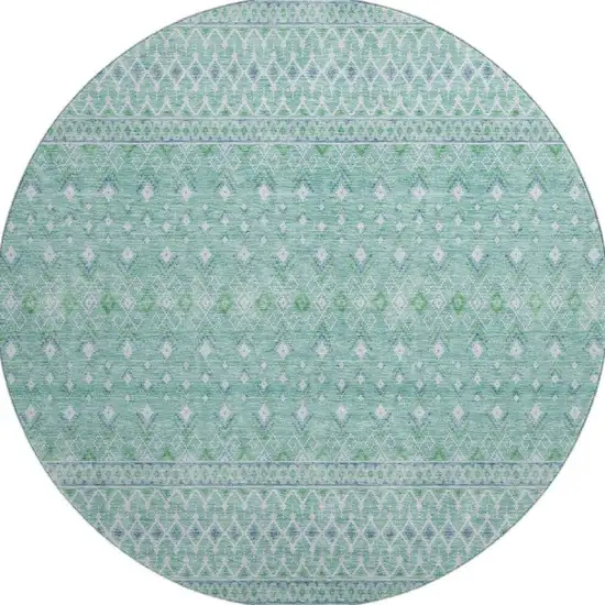 8' Aqua And Ivory Tribal Washable Round Rug With UV Protection Photo 4
