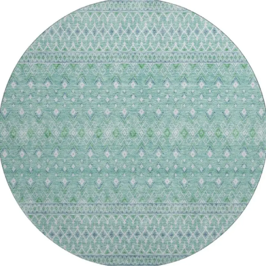 8' Aqua And Ivory Tribal Washable Round Rug With UV Protection Photo 4