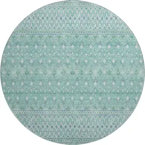 Photo of 8' Aqua And Ivory Tribal Washable Round Rug With UV Protection