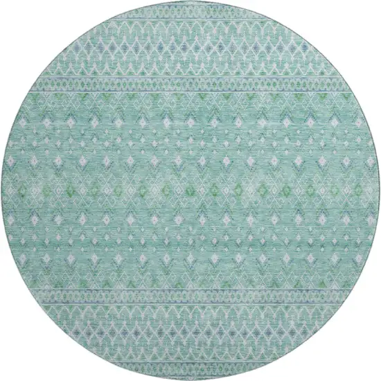 8' Aqua And Ivory Tribal Washable Round Rug With UV Protection Photo 1