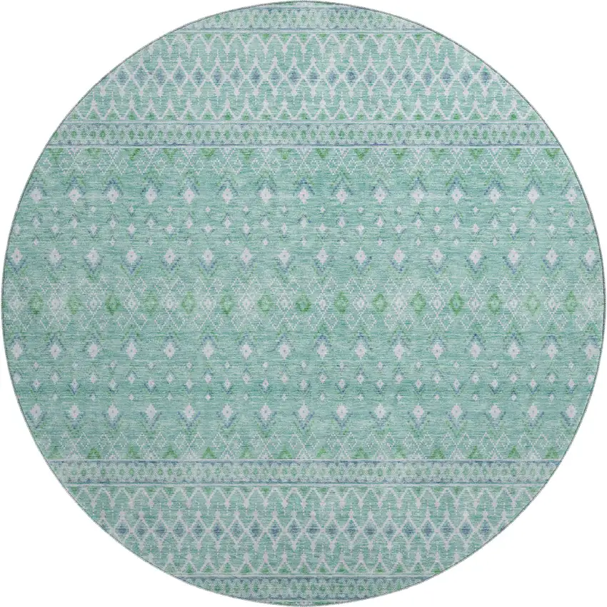8' Aqua And Ivory Tribal Washable Round Rug With UV Protection Photo 1