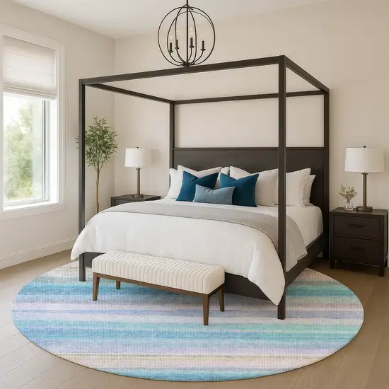 8' Aqua And Lavender Striped Washable Round Rug With UV Protection Photo 5