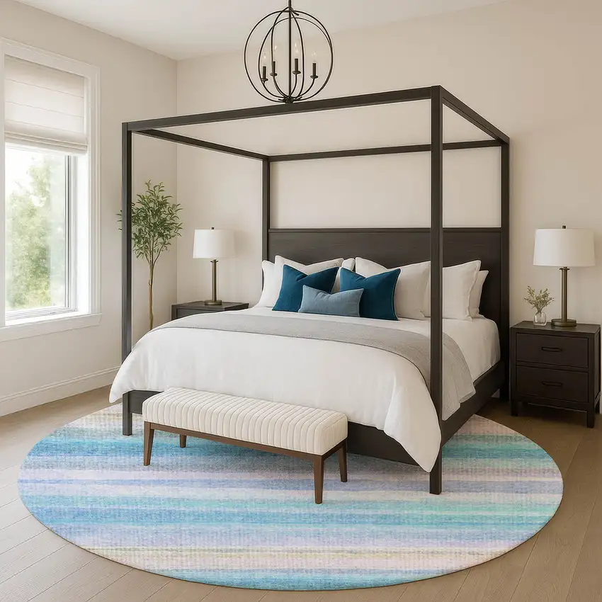 8' Aqua And Lavender Striped Washable Round Rug With UV Protection Photo 5