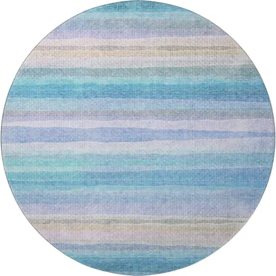 8' Aqua And Lavender Striped Washable Round Rug With UV Protection Photo 4