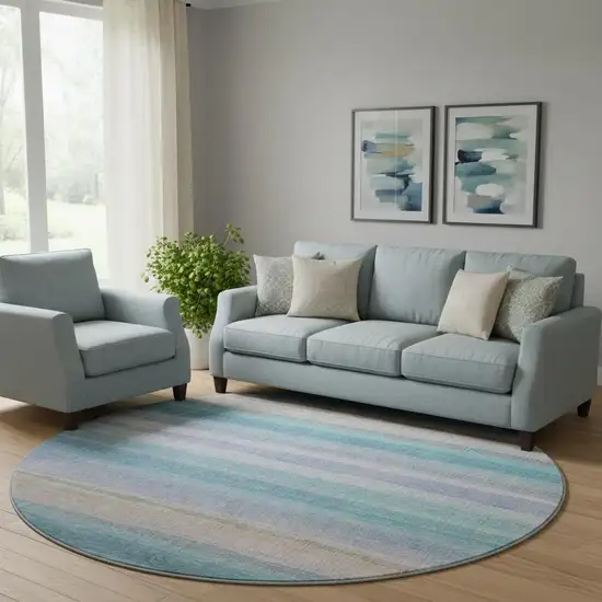 8' Aqua And Lavender Striped Washable Round Rug With UV Protection Photo 2