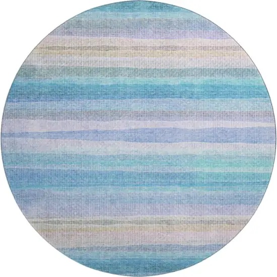 8' Aqua And Lavender Striped Washable Round Rug With UV Protection Photo 1