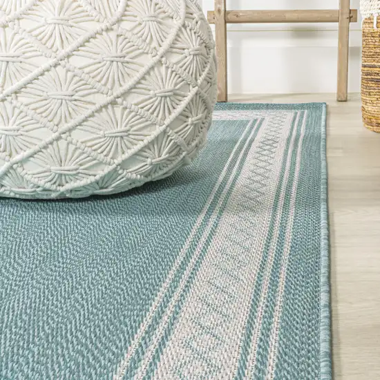 8' Aqua And Light Gray Indoor Outdoor Runner Rug Photo 4