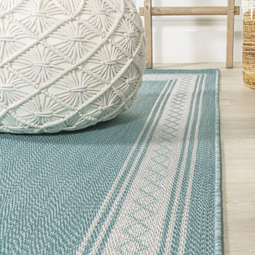 8' Aqua And Light Gray Indoor Outdoor Runner Rug Photo 4