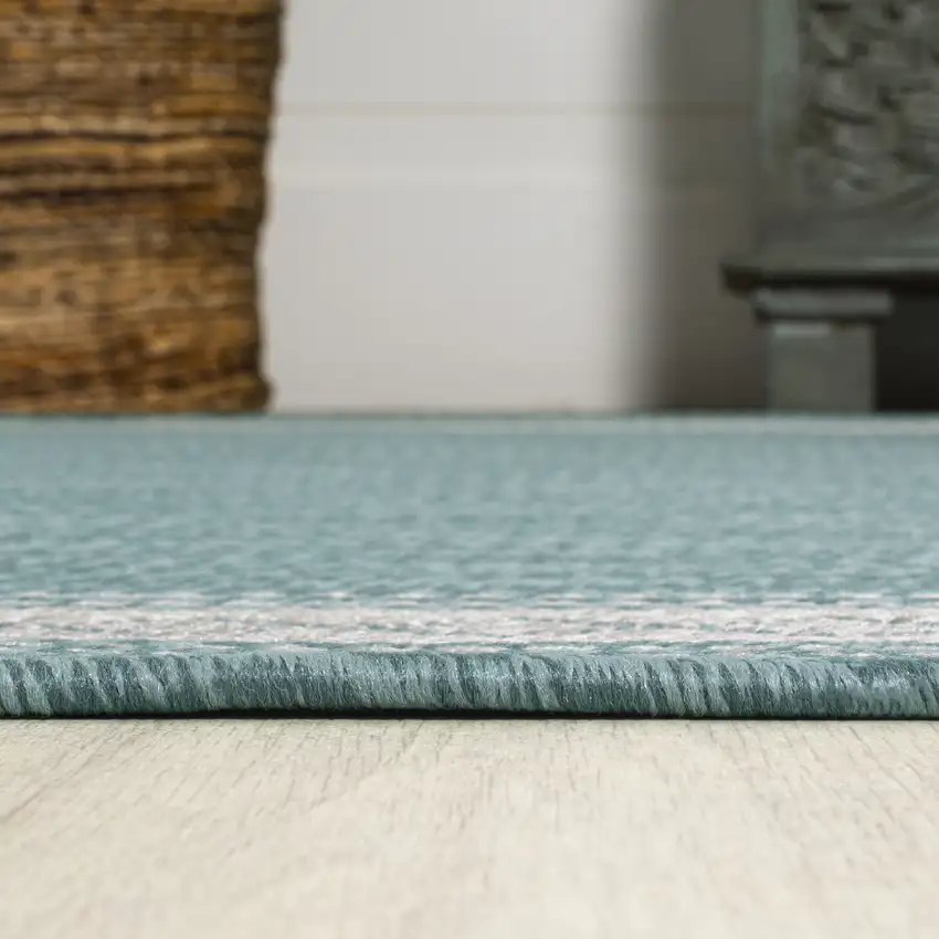 8' Aqua And Light Gray Indoor Outdoor Runner Rug Photo 7