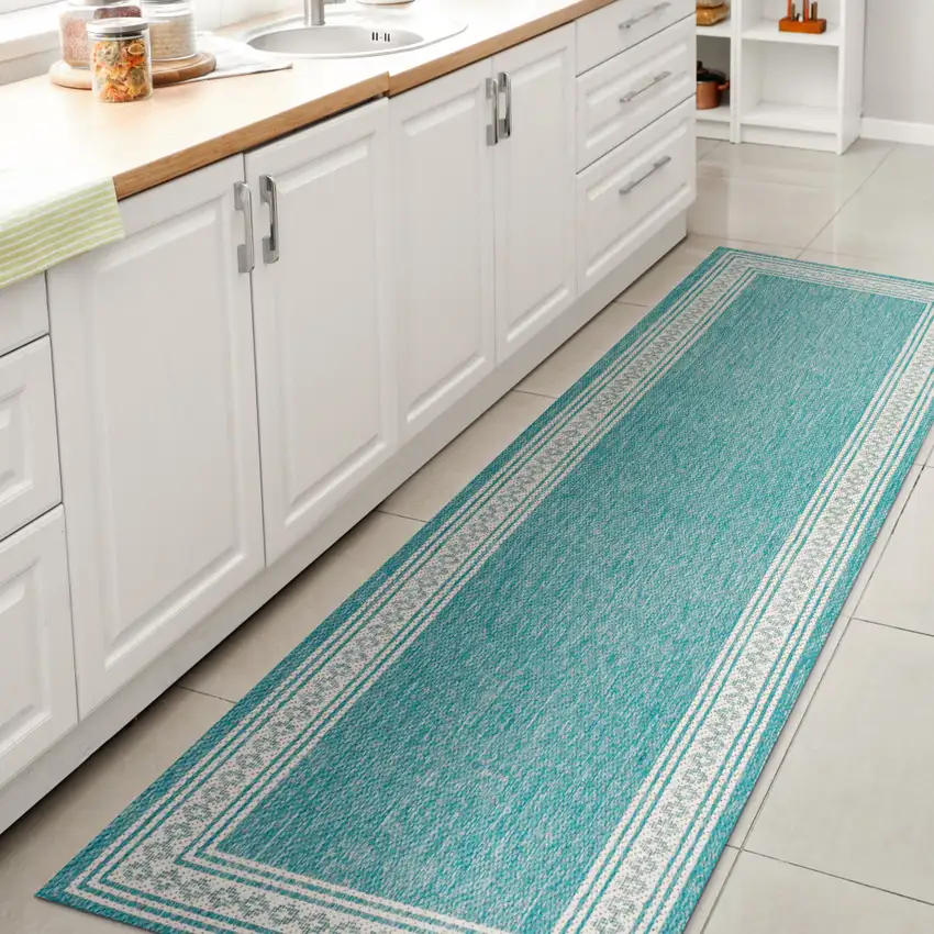 8' Aqua And Light Gray Indoor Outdoor Runner Rug Photo 3