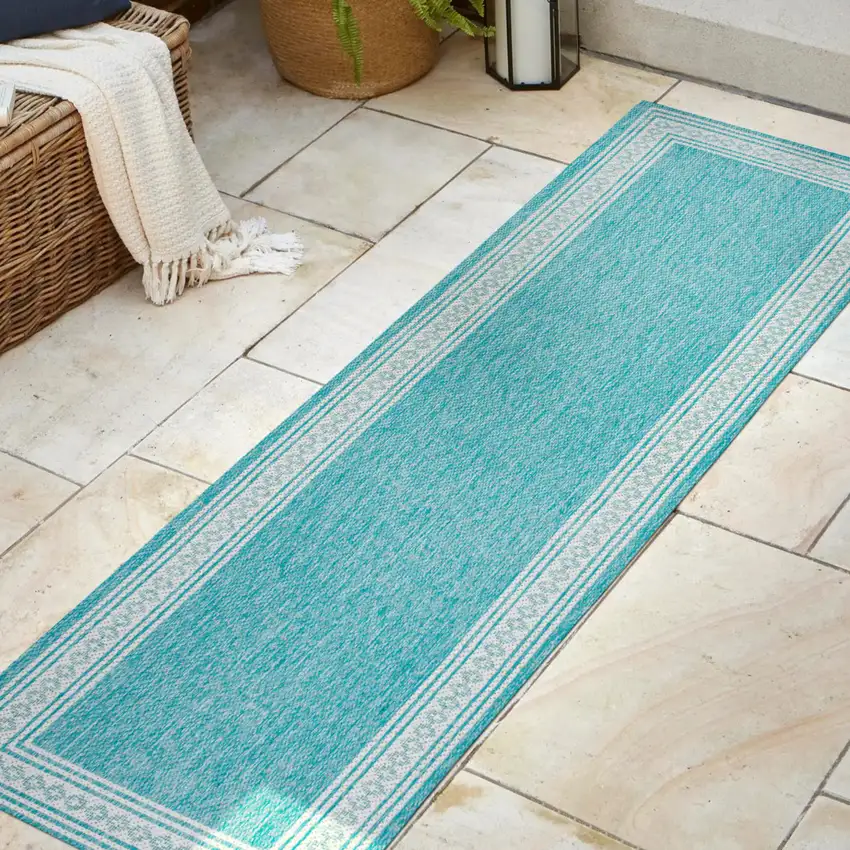 8' Aqua And Light Gray Indoor Outdoor Runner Rug Photo 2