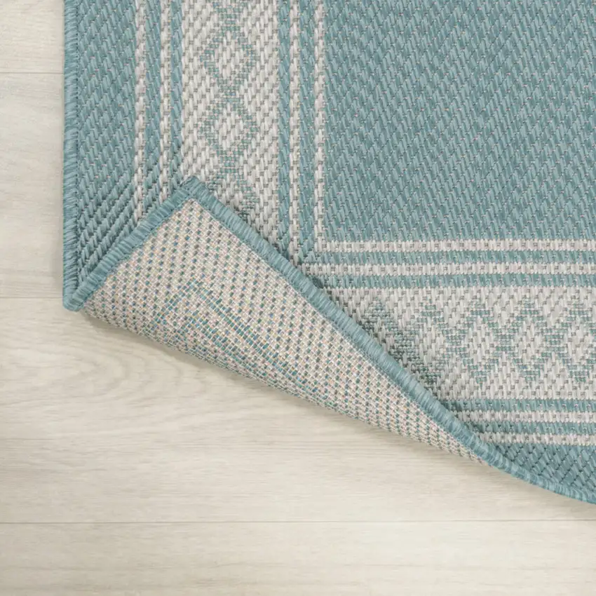 8' Aqua And Light Gray Indoor Outdoor Runner Rug Photo 6